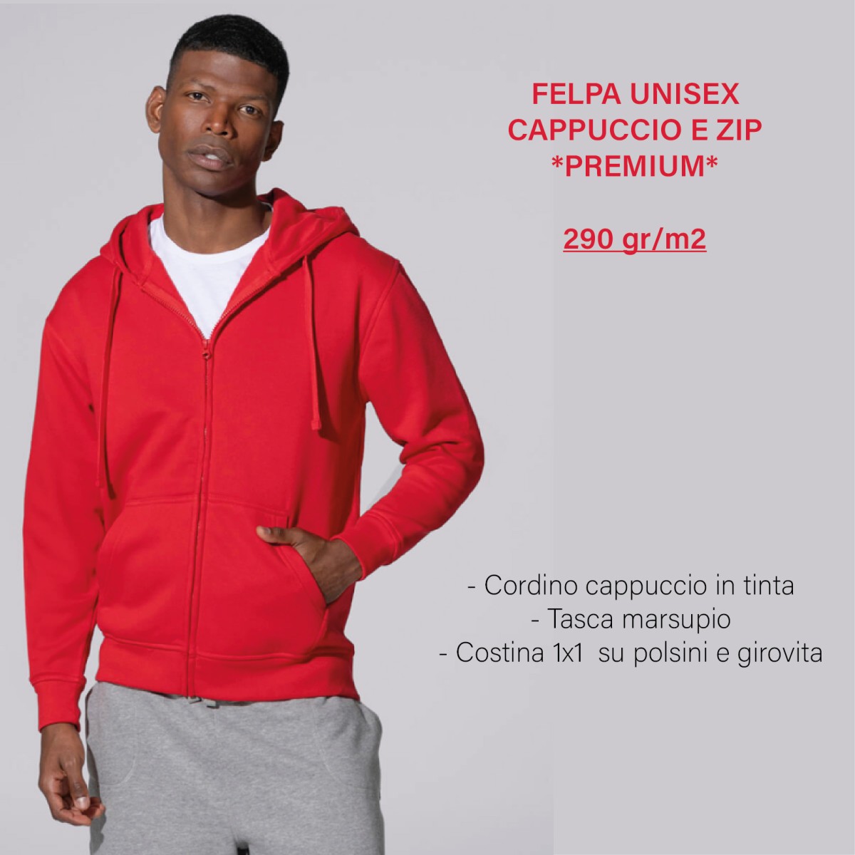 Felpa Unisex Cappuccio E Zip *PREMIUM* 290 gr/m2 Personalizzata
