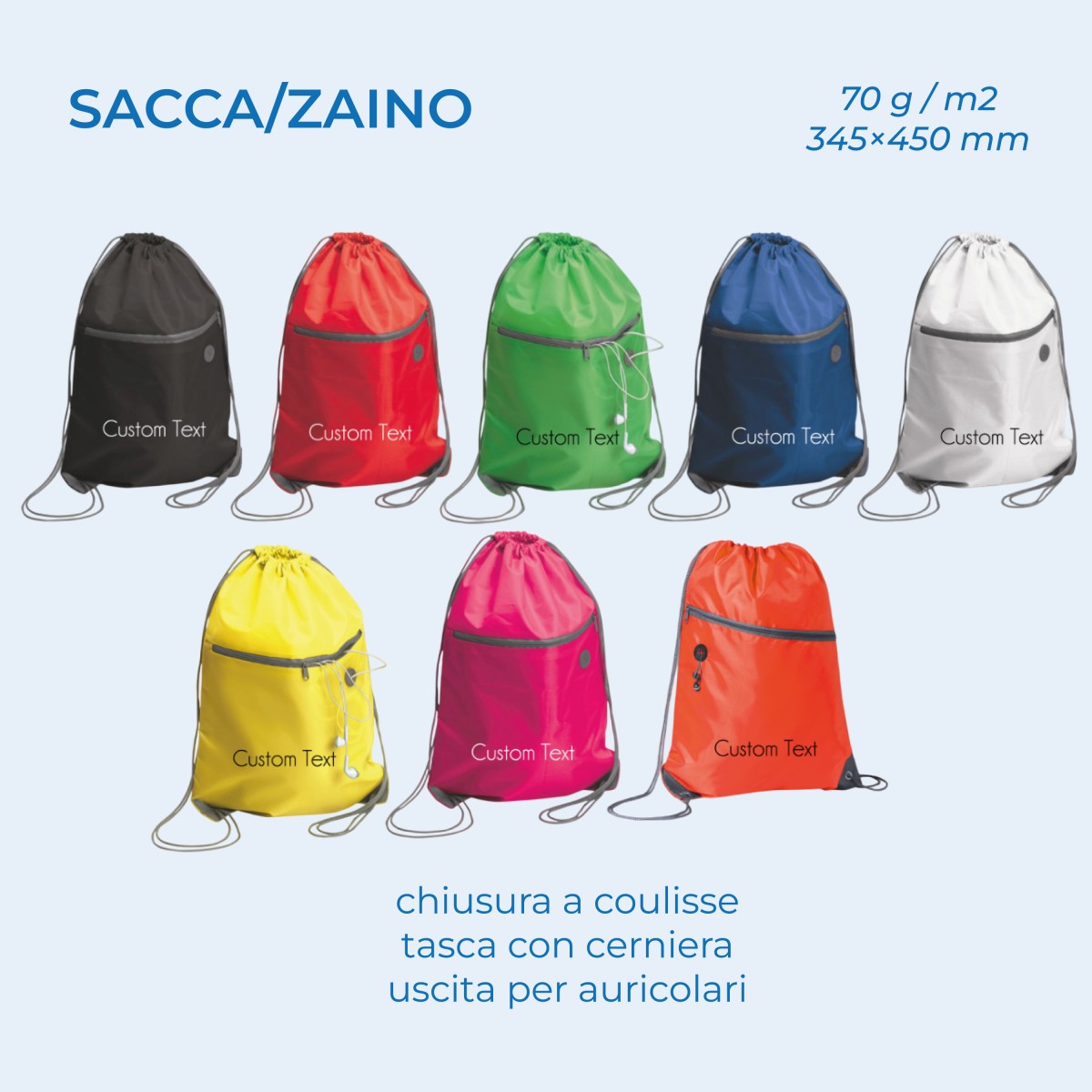 Zaino/Sacca COPRUS Borsa con coulisse tasca con cerniera ed uscita per auricolari in poliestere 210D Personalizzata
