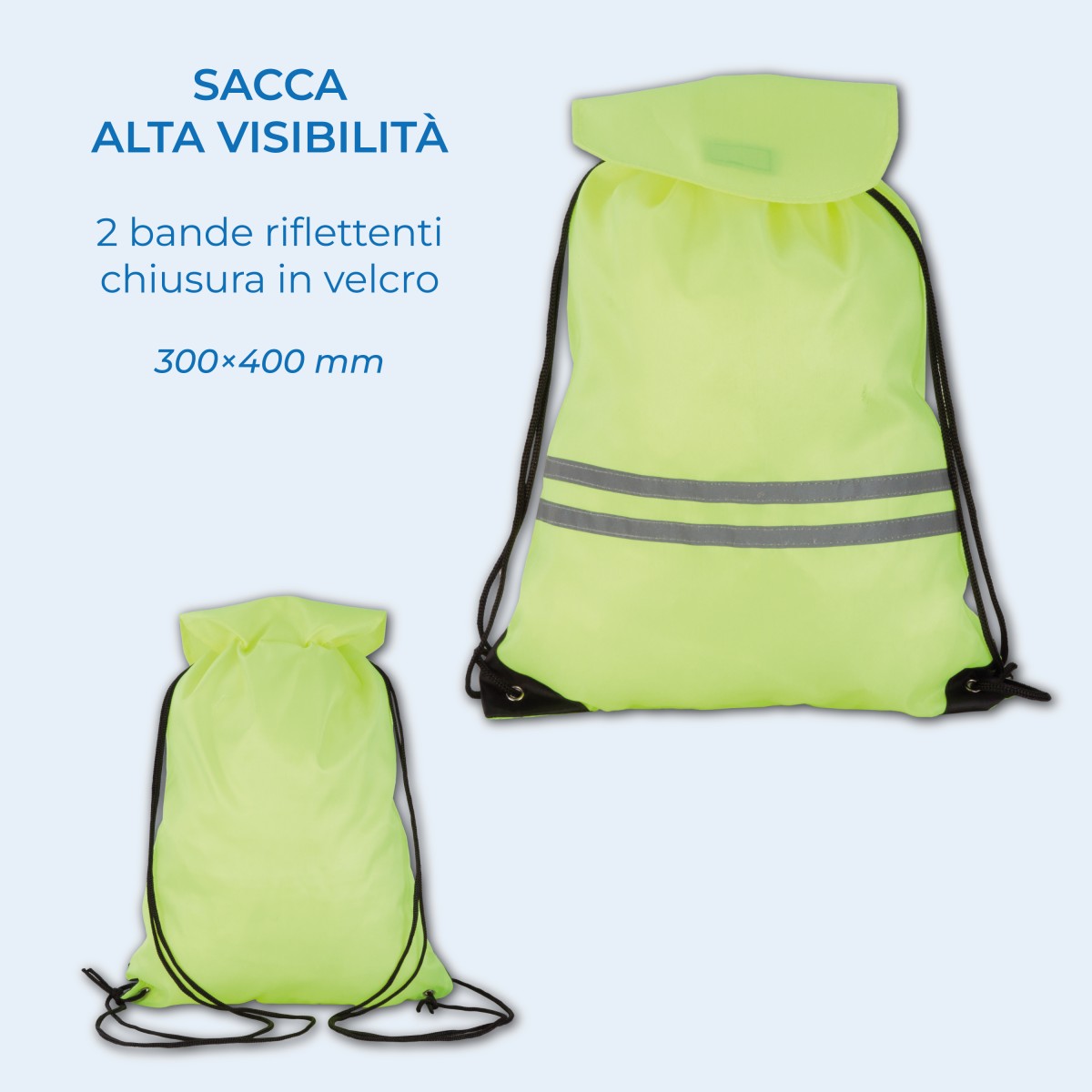 Sacca/Borsa Alta Visibilità CARRYLIGHT Chiusura a Coulisse, 2 Bande Riflettenti e Chiusura in velcro Personalizzata