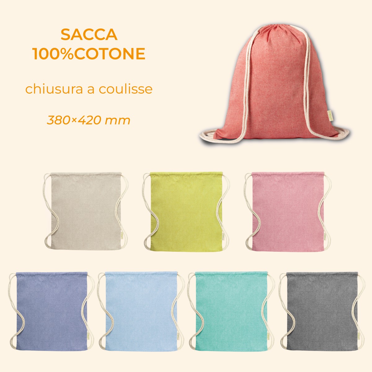 Sacca/Zaino KOREBY 100% Cotone con chiusura a coulisse Personalizzata