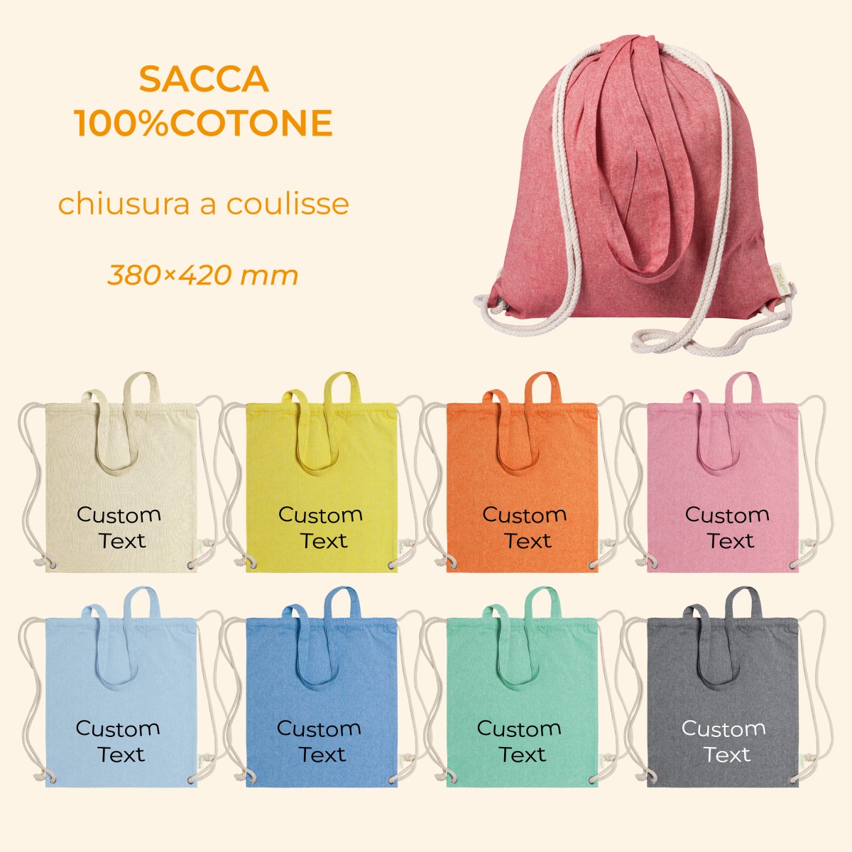 Sacca/Zaino HOLBERY 100% Cotone con Chiusura a Coulisse e Lunghi Cordoncini Personalizzata