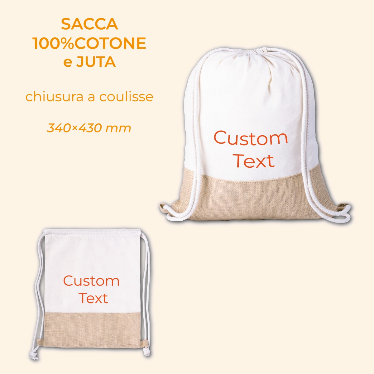 Sacca/Zaino JUCOX con Chiusura a Coulisse in Cotone (120 g/m²) e Juta Personalizzata